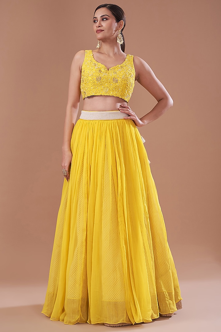 Yellow Organza & Raw Silk Dori Embroidered Jacket Wedding Lehenga Set by Yashodhara at Pernia's Pop Up Shop