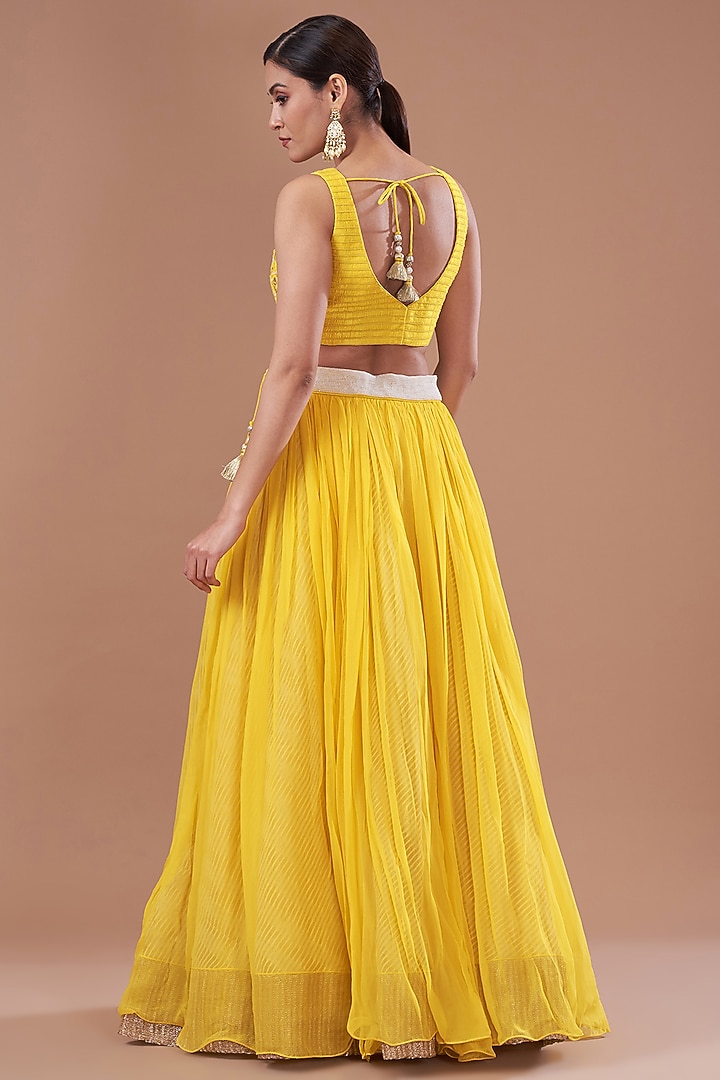 Yellow Organza & Raw Silk Dori Embroidered Jacket Wedding Lehenga Set by Yashodhara at Pernia's Pop Up Shop