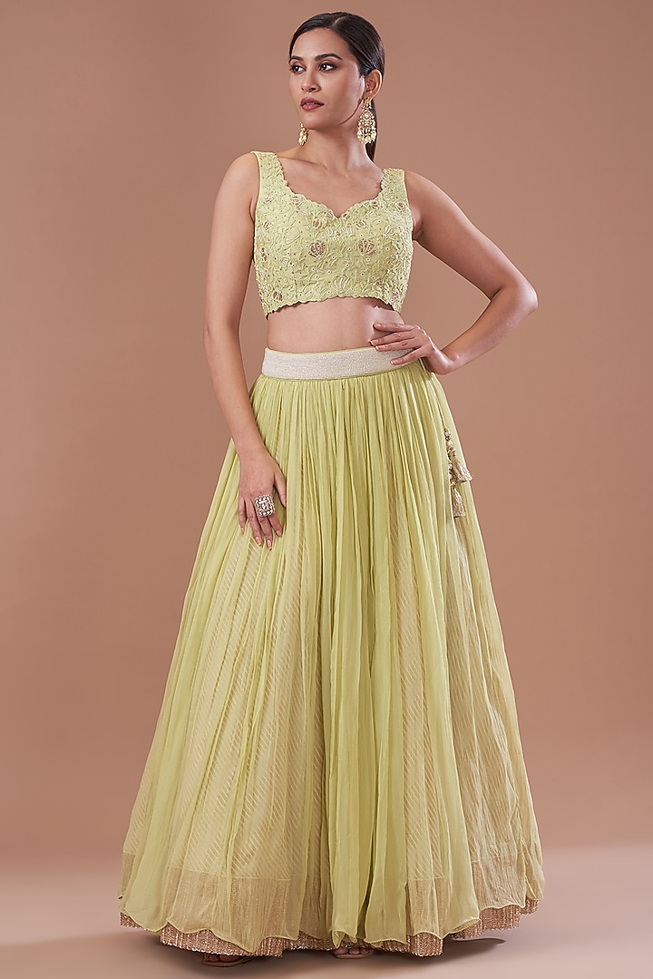 Jade Organza & Raw Silk Dori Embroidered Jacket Wedding Lehenga Set by Yashodhara at Pernia's Pop Up Shop