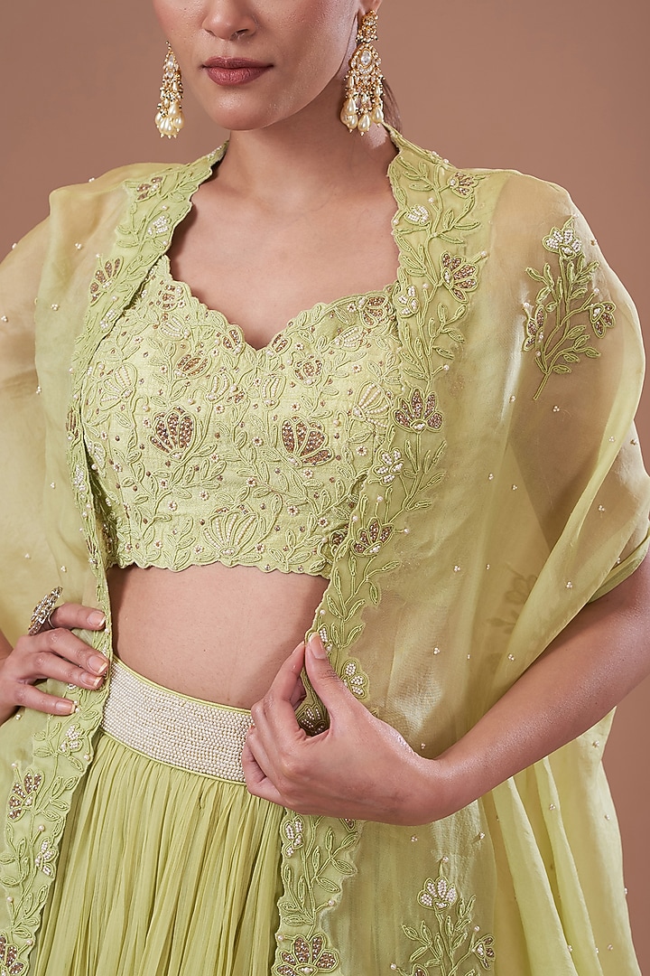 Jade Organza & Raw Silk Dori Embroidered Jacket Wedding Lehenga Set by Yashodhara at Pernia's Pop Up Shop