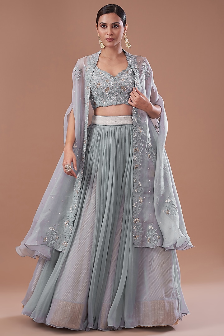 Dull Blue Organza & Raw Silk Dori Embroidered Jacket Wedding Lehenga Set by Yashodhara at Pernia's Pop Up Shop