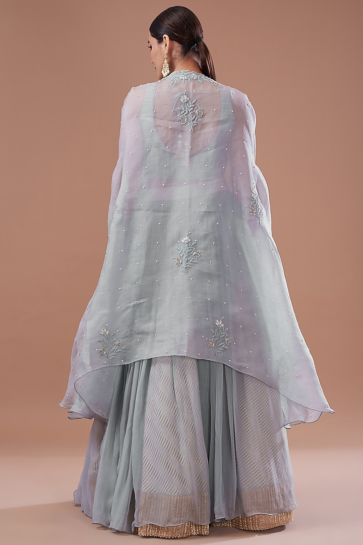Dull Blue Organza & Raw Silk Dori Embroidered Jacket Wedding Lehenga Set by Yashodhara at Pernia's Pop Up Shop