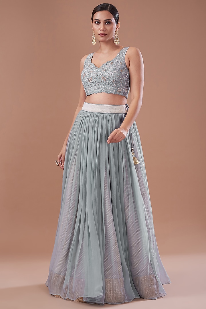 Dull Blue Organza & Raw Silk Dori Embroidered Jacket Wedding Lehenga Set by Yashodhara at Pernia's Pop Up Shop