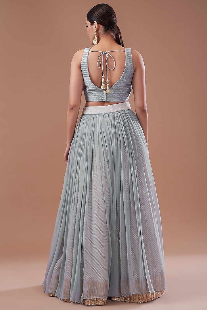 Dull Blue Organza & Raw Silk Dori Embroidered Jacket Wedding Lehenga Set by Yashodhara at Pernia's Pop Up Shop