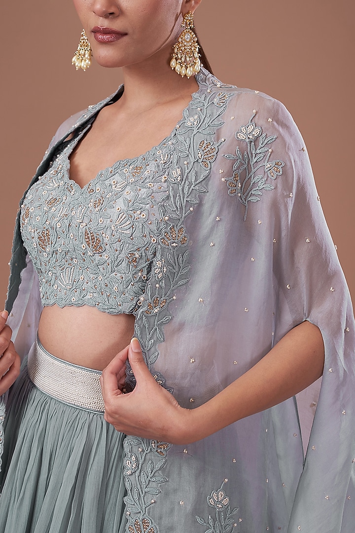 Dull Blue Organza & Raw Silk Dori Embroidered Jacket Wedding Lehenga Set by Yashodhara at Pernia's Pop Up Shop
