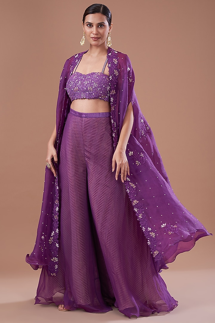 Purple Organza Dori Embroidered Cape Set by Yashodhara at Pernia's Pop Up Shop