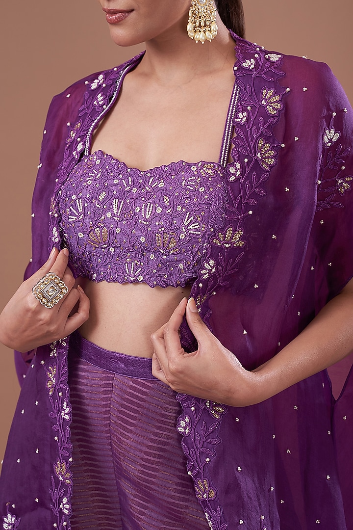 Purple Organza Dori Embroidered Cape Set by Yashodhara at Pernia's Pop Up Shop