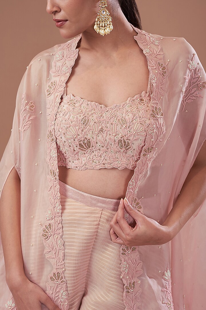 Pink Organza Dori Embroidered Cape Set by Yashodhara at Pernia's Pop Up Shop