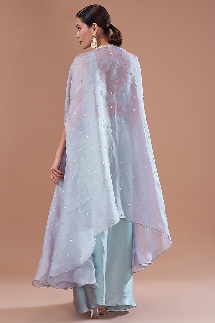 Dull Blue Organza Embroidered Cape Set by Yashodhara at Pernia's Pop Up Shop