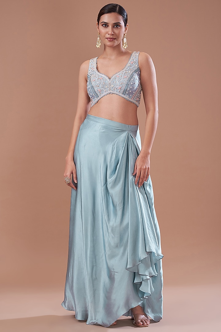 Dull Blue Organza Embroidered Cape Set by Yashodhara at Pernia's Pop Up Shop