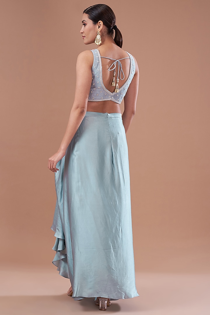 Dull Blue Organza Embroidered Cape Set by Yashodhara at Pernia's Pop Up Shop
