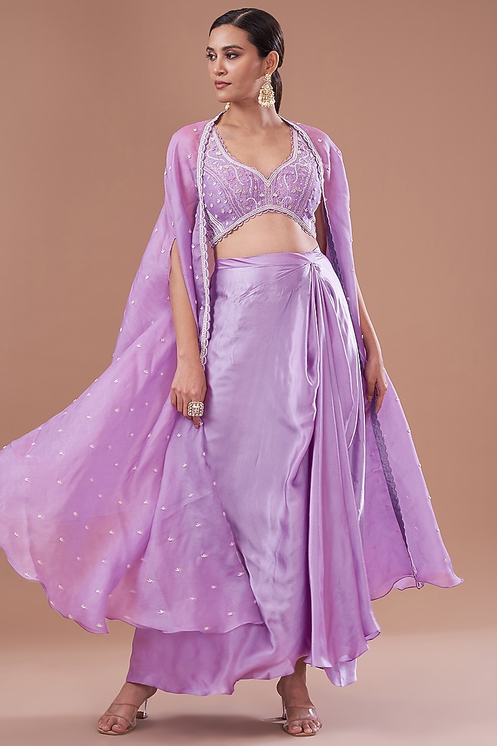 Lilac Organza Embroidered Cape Set by Yashodhara at Pernia's Pop Up Shop