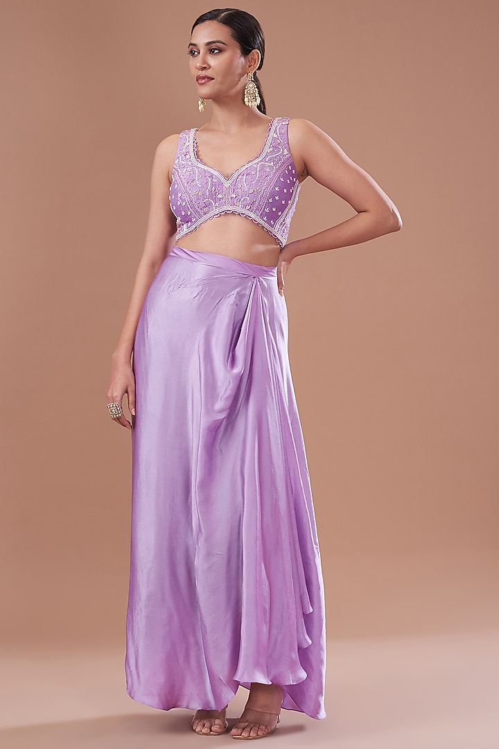 Lilac Organza Embroidered Cape Set by Yashodhara at Pernia's Pop Up Shop