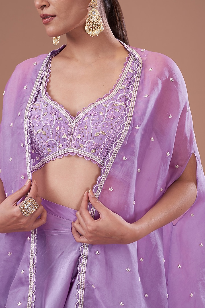 Lilac Organza Embroidered Cape Set by Yashodhara at Pernia's Pop Up Shop