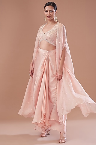 Pink Organza Embroidered Cape Set by Yashodhara