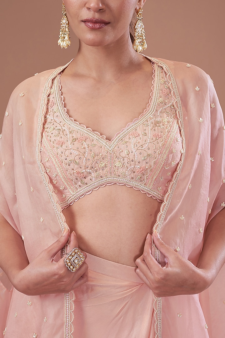 Pink Organza Embroidered Cape Set by Yashodhara at Pernia's Pop Up Shop