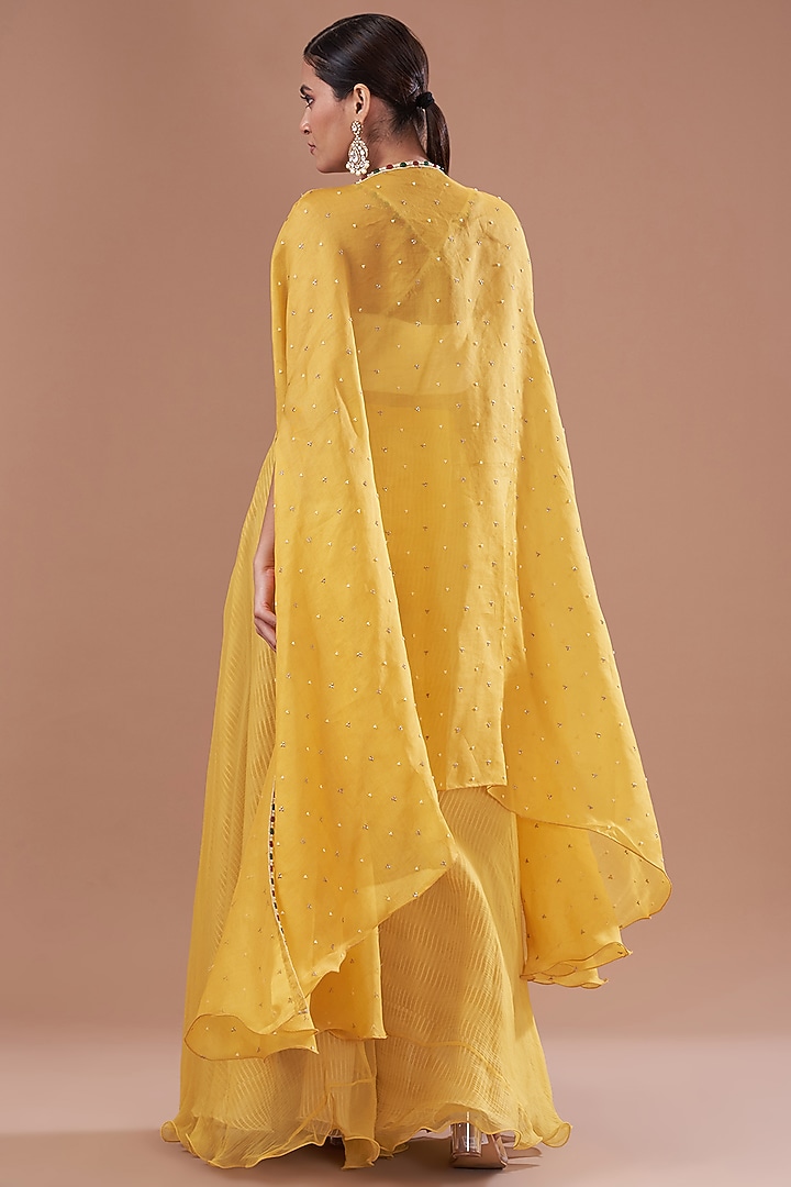 Mustard Organza Embroidered Cape Set by Yashodhara at Pernia's Pop Up Shop