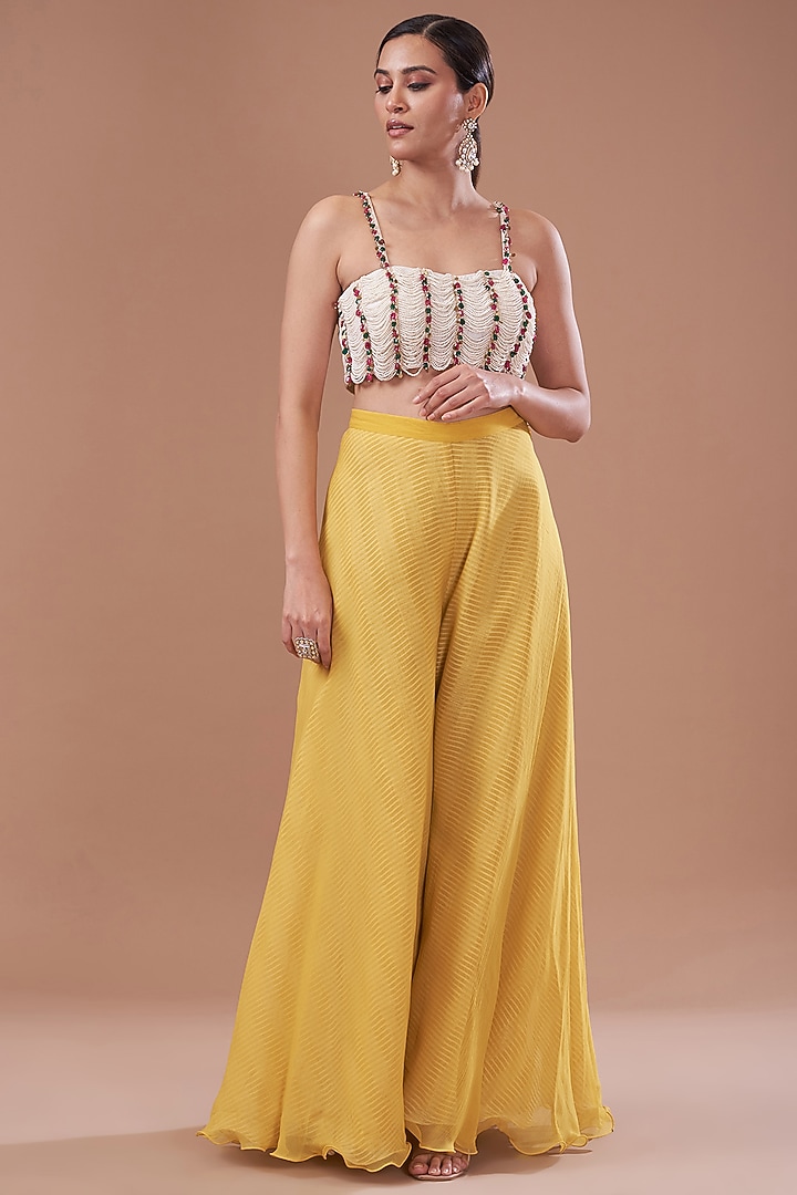 Mustard Organza Embroidered Cape Set by Yashodhara at Pernia's Pop Up Shop