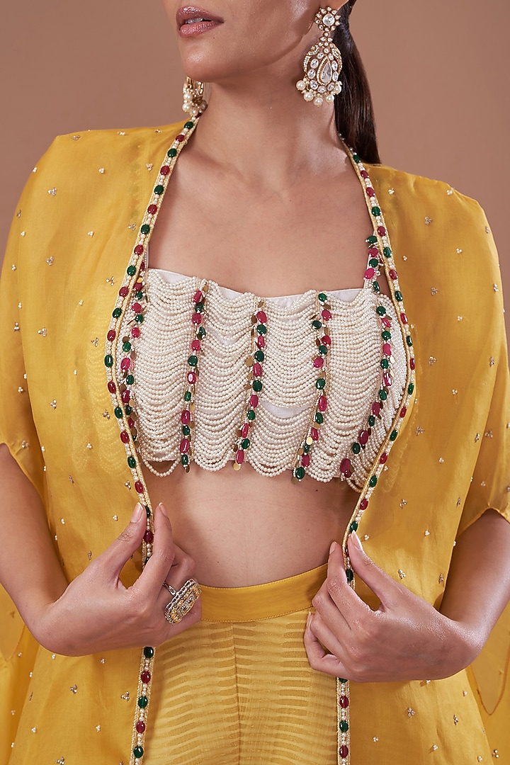 Mustard Organza Embroidered Cape Set by Yashodhara at Pernia's Pop Up Shop