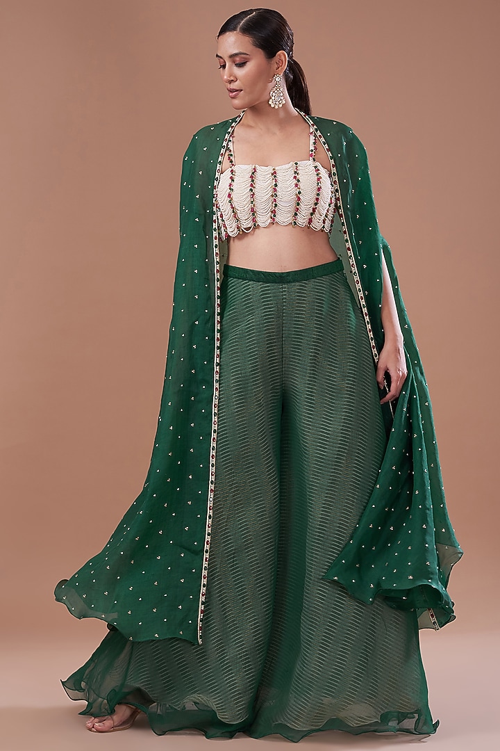 Green Organza Embroidered Cape Set by Yashodhara at Pernia's Pop Up Shop