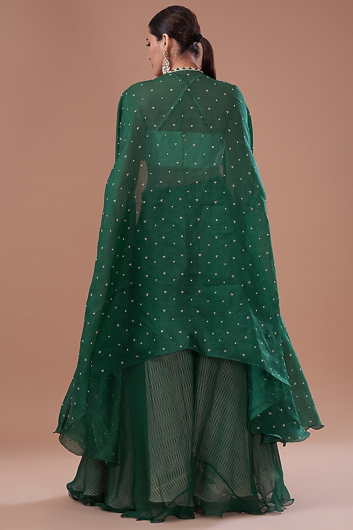 Green Organza Embroidered Cape Set by Yashodhara at Pernia's Pop Up Shop
