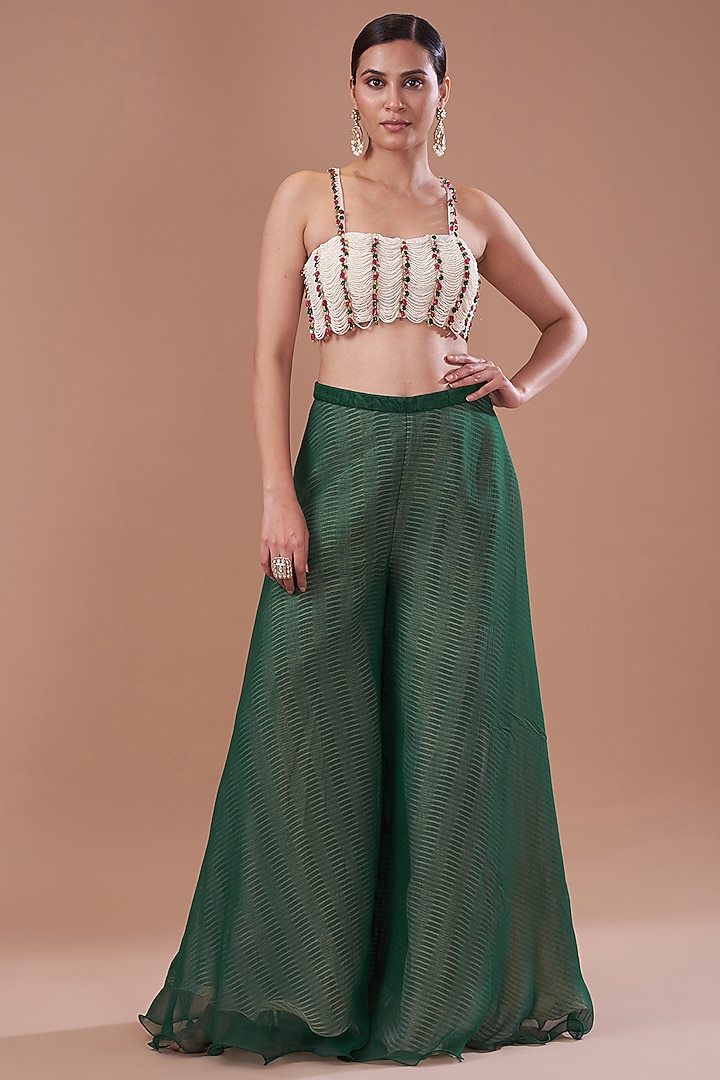 Green Organza Embroidered Cape Set by Yashodhara at Pernia's Pop Up Shop