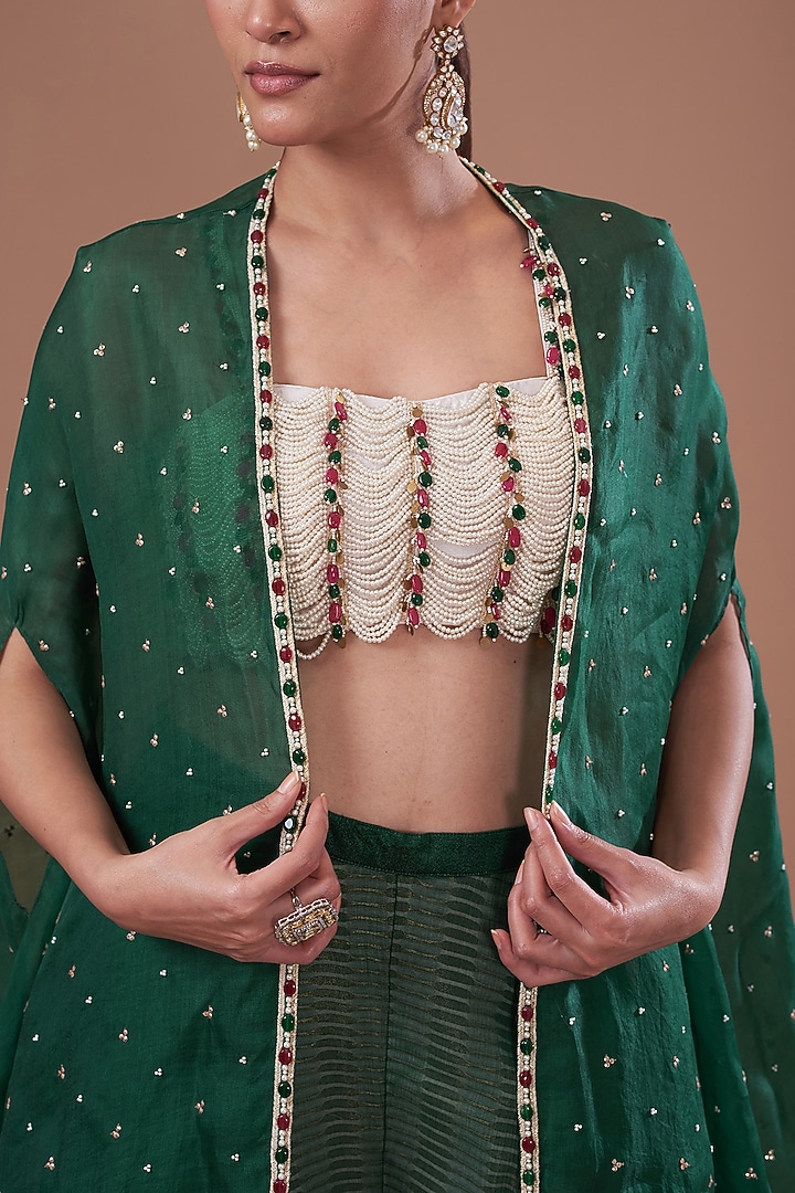 Green Organza Embroidered Cape Set by Yashodhara at Pernia's Pop Up Shop