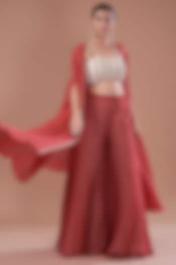 Red Organza Embroidered Cape Set by Yashodhara at Pernia's Pop Up Shop