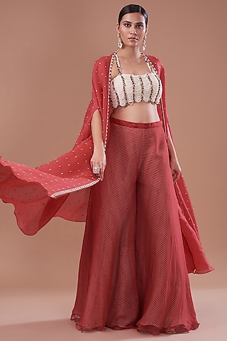 Red Organza Embroidered Cape Set by Yashodhara