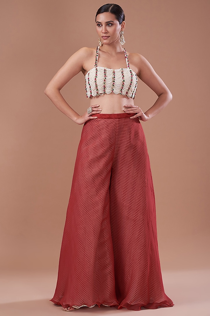 Red Organza Embroidered Cape Set by Yashodhara at Pernia's Pop Up Shop