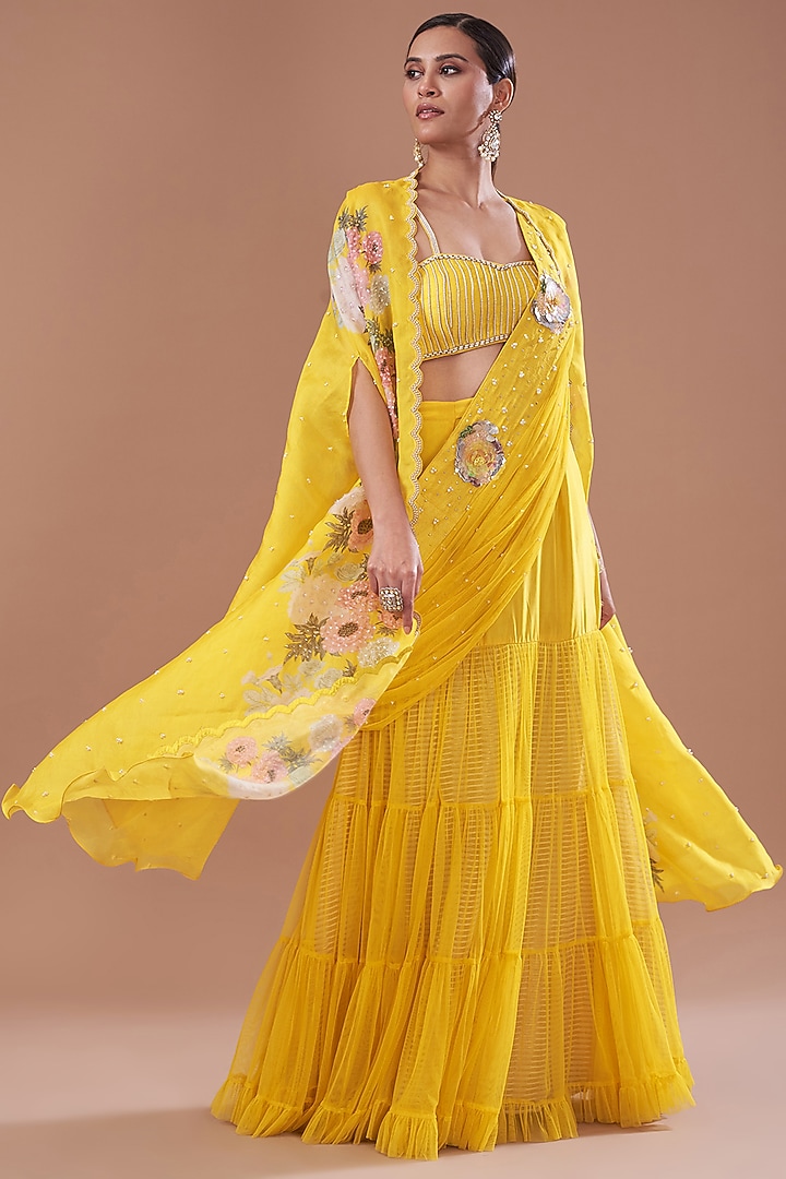 Yellow Organza Printed Cape Set by Yashodhara at Pernia's Pop Up Shop
