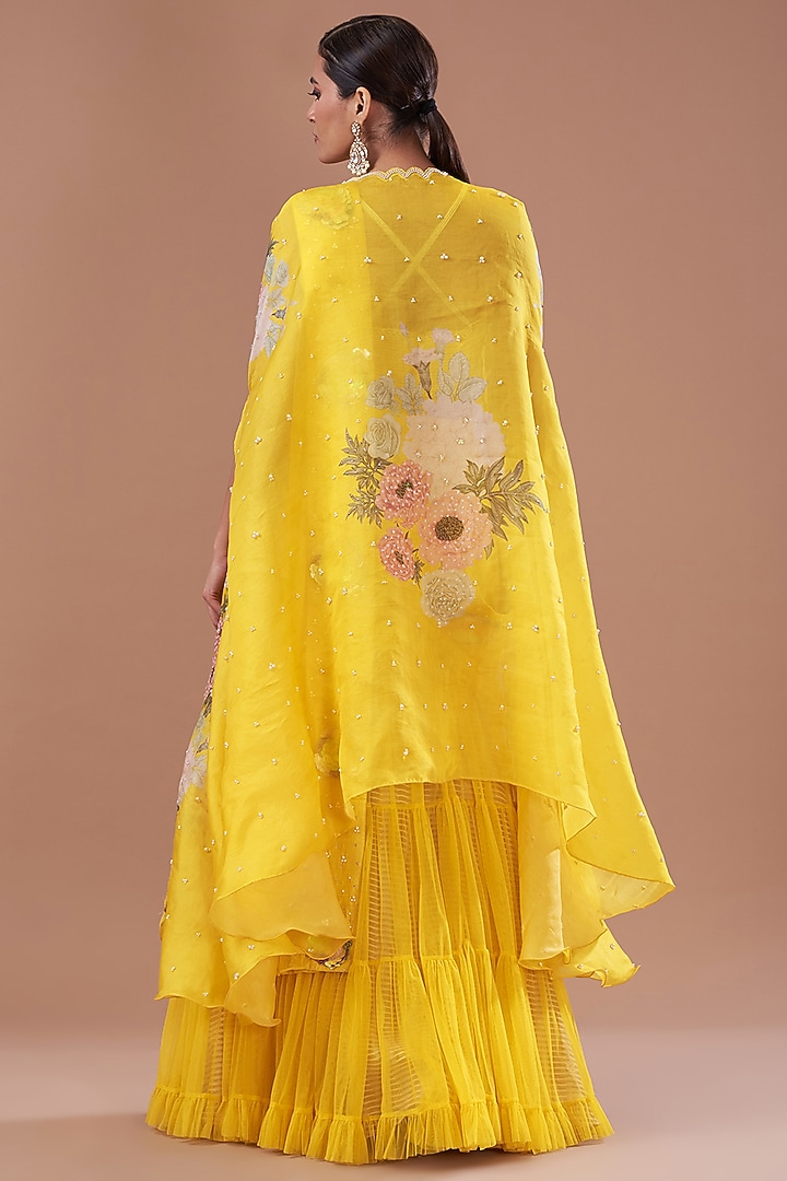 Yellow Organza Printed Cape Set by Yashodhara at Pernia's Pop Up Shop