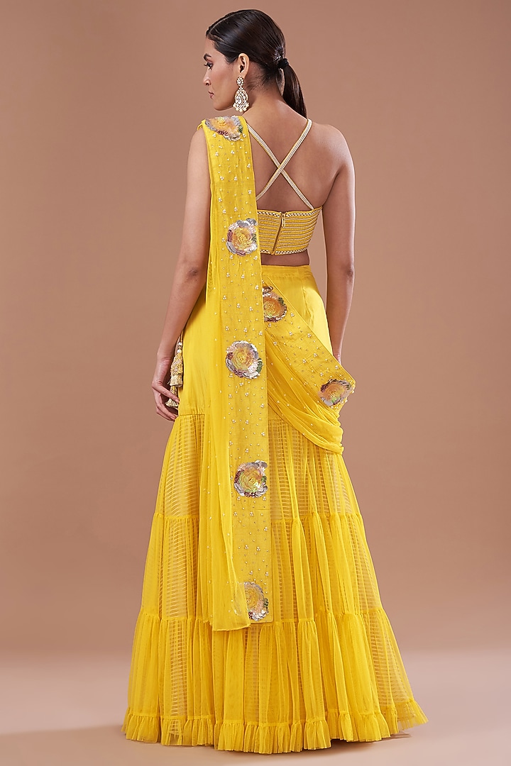Yellow Organza Printed Cape Set by Yashodhara at Pernia's Pop Up Shop