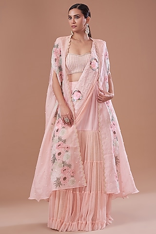 Pink Organza Printed Cape Set by Yashodhara