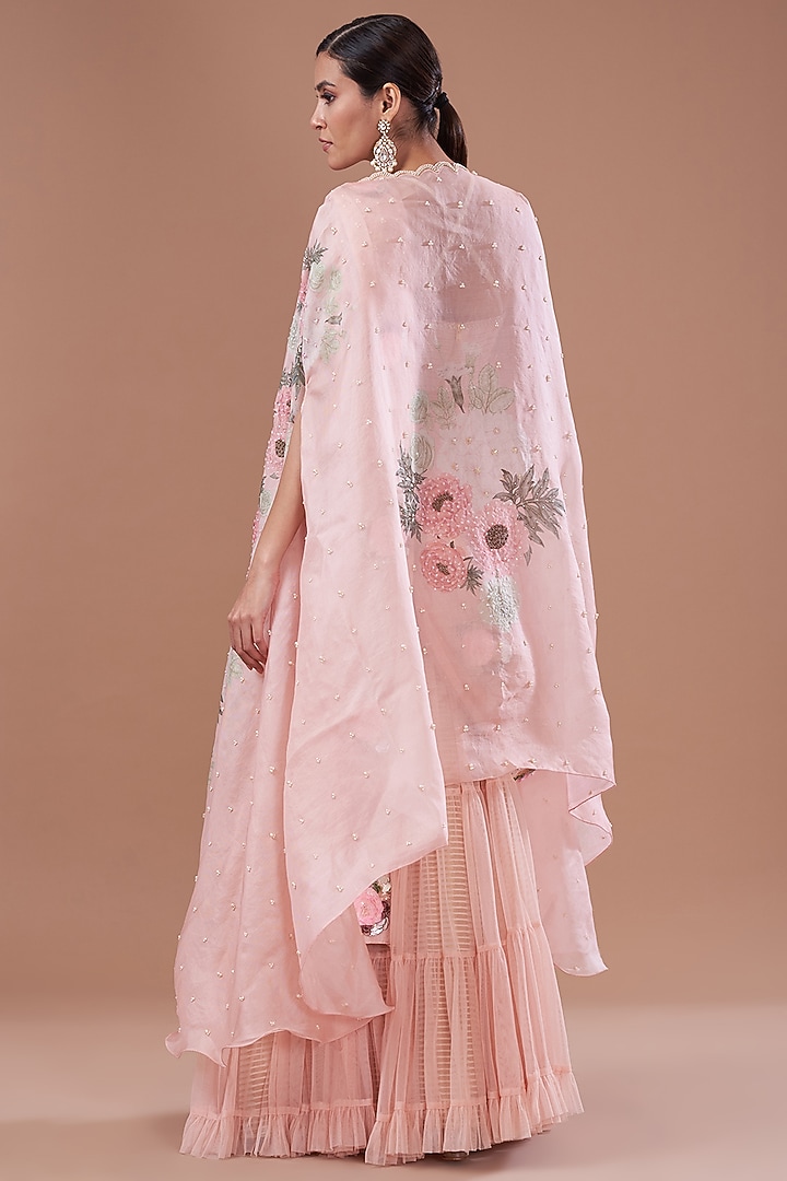 Pink Organza Printed Cape Set by Yashodhara at Pernia's Pop Up Shop