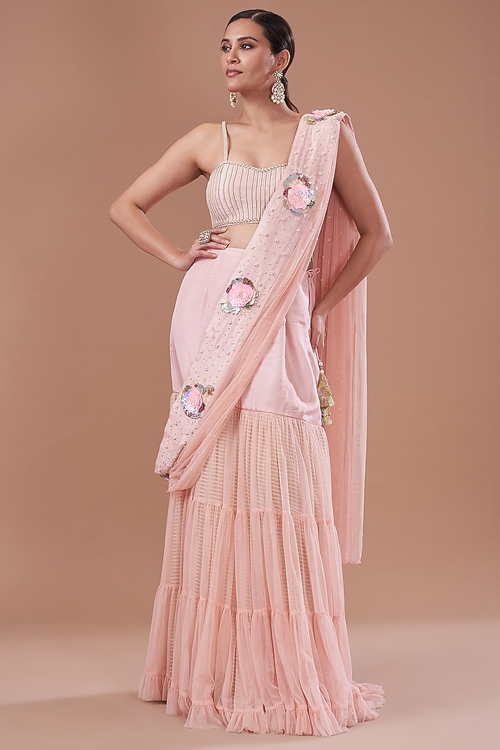 Pink Organza Printed Cape Set by Yashodhara at Pernia's Pop Up Shop