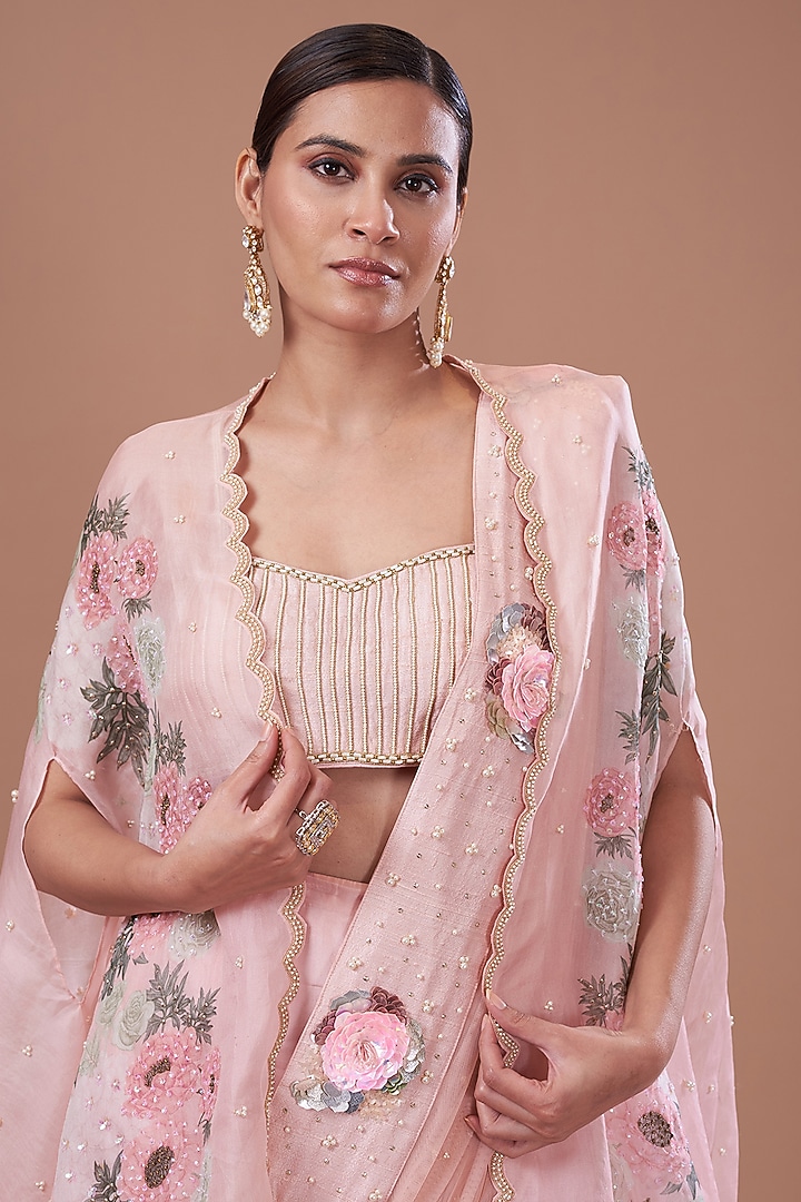 Pink Organza Printed Cape Set by Yashodhara at Pernia's Pop Up Shop