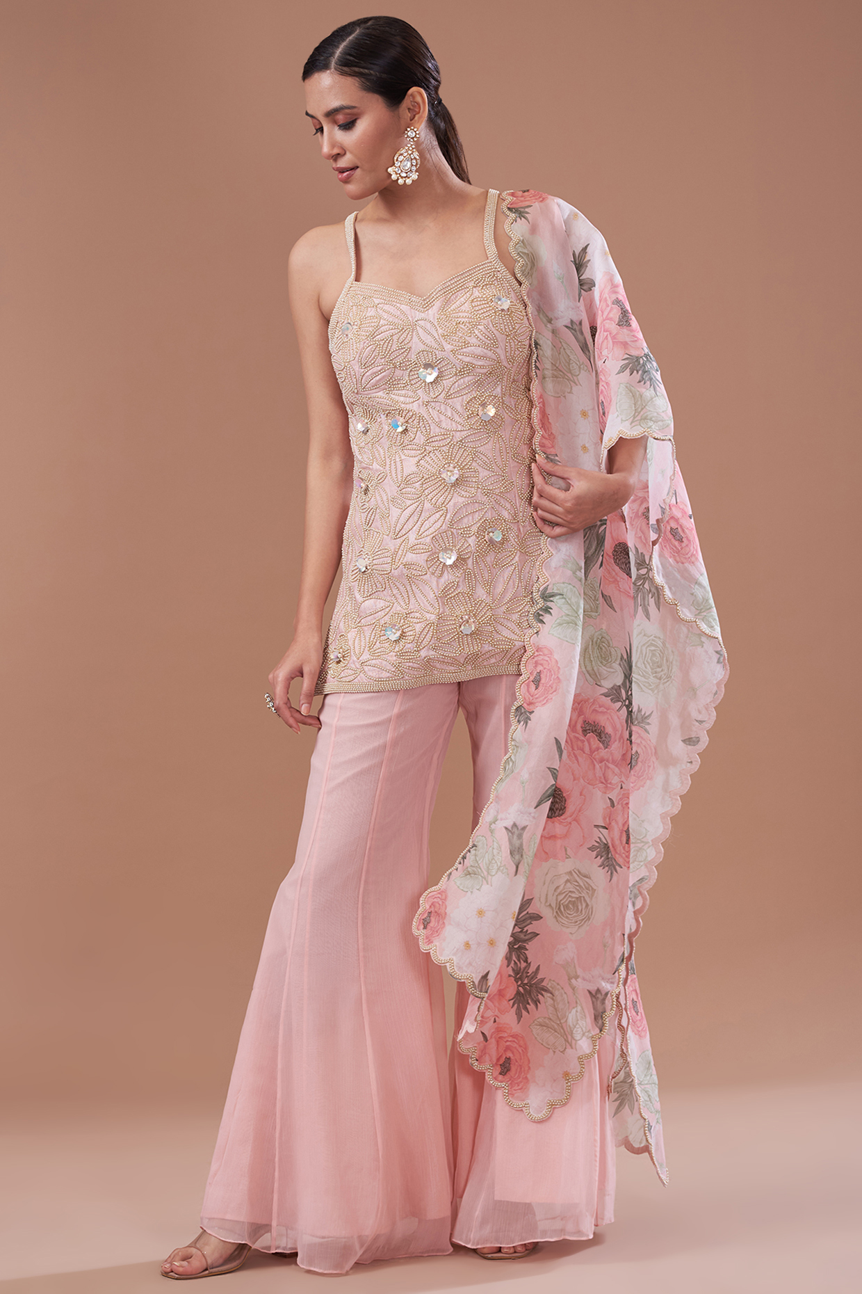 Pink Raw Silk Embroidered Strappy Kurta Set by Yashodhara at Pernia's Pop Up Shop