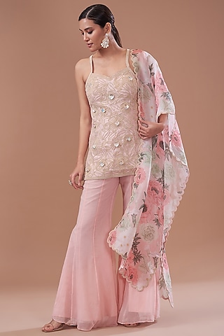 Pink Raw Silk Embroidered Strappy Kurta Set by Yashodhara