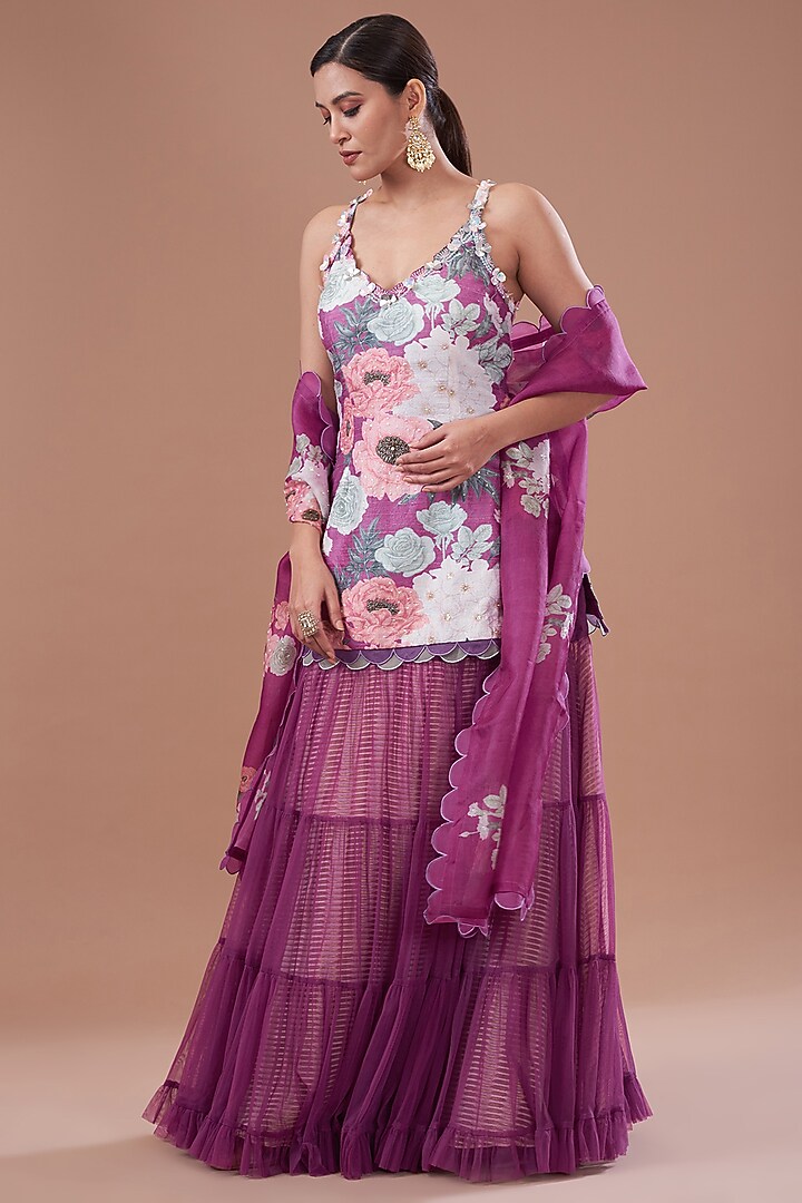 Purple Raw Silk Printed Strappy Kurta Set by Yashodhara at Pernia's Pop Up Shop