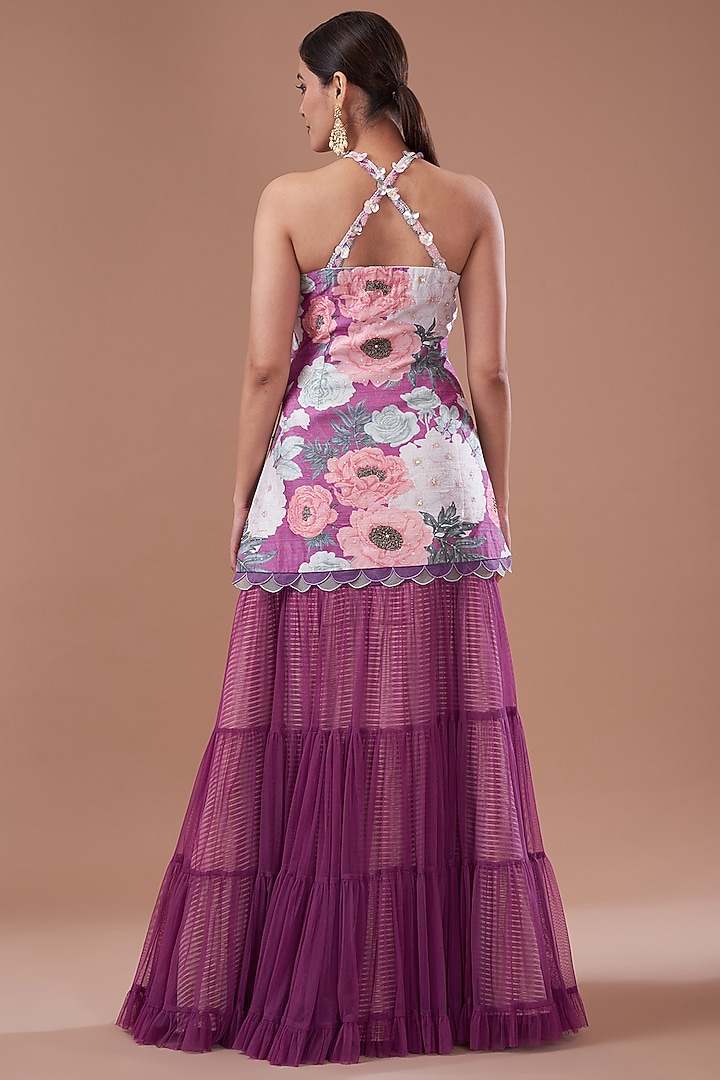 Purple Raw Silk Printed Strappy Kurta Set by Yashodhara at Pernia's Pop Up Shop