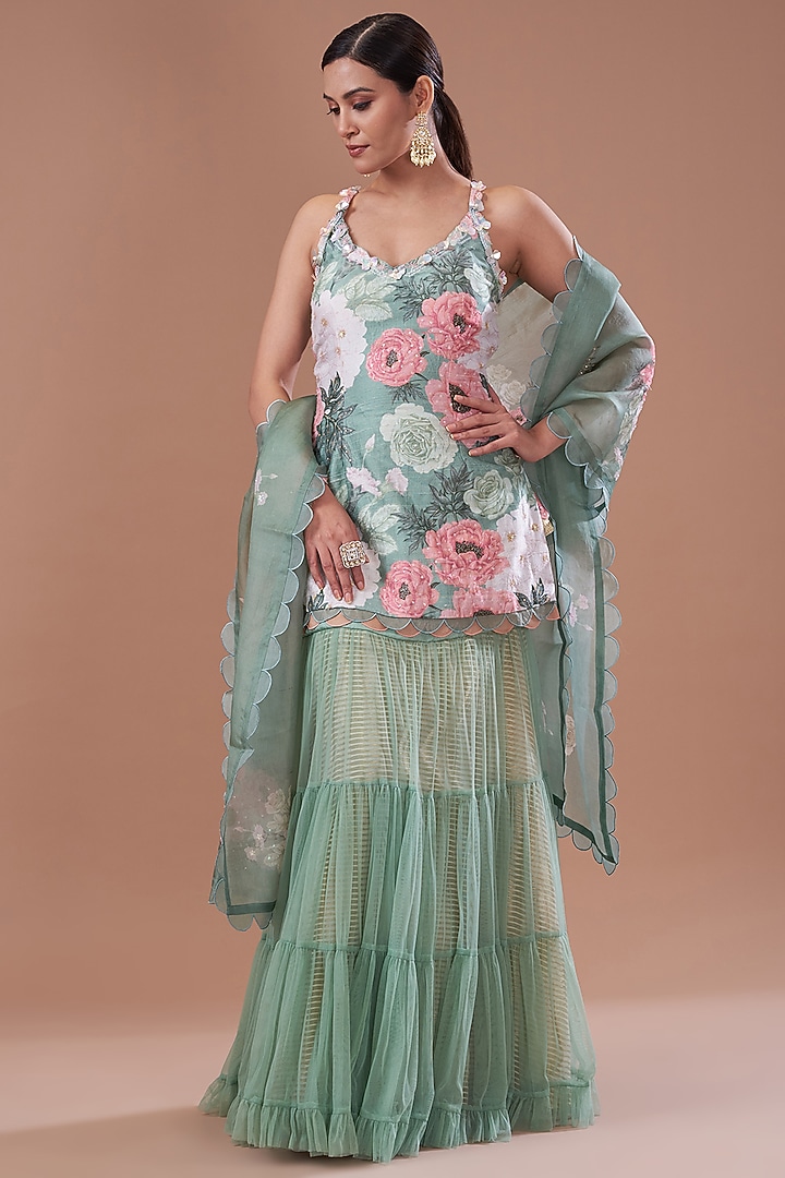 Teal Green Raw Silk Printed Strappy Kurta Set by Yashodhara at Pernia's Pop Up Shop