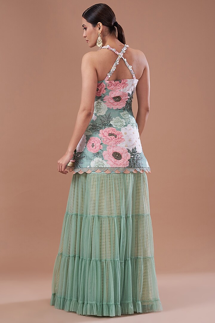 Teal Green Raw Silk Printed Strappy Kurta Set by Yashodhara at Pernia's Pop Up Shop