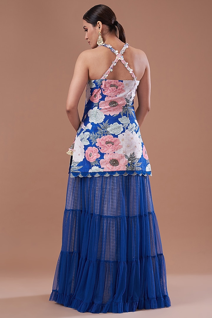 Blue Raw Silk Printed Strappy Kurta Set by Yashodhara at Pernia's Pop Up Shop
