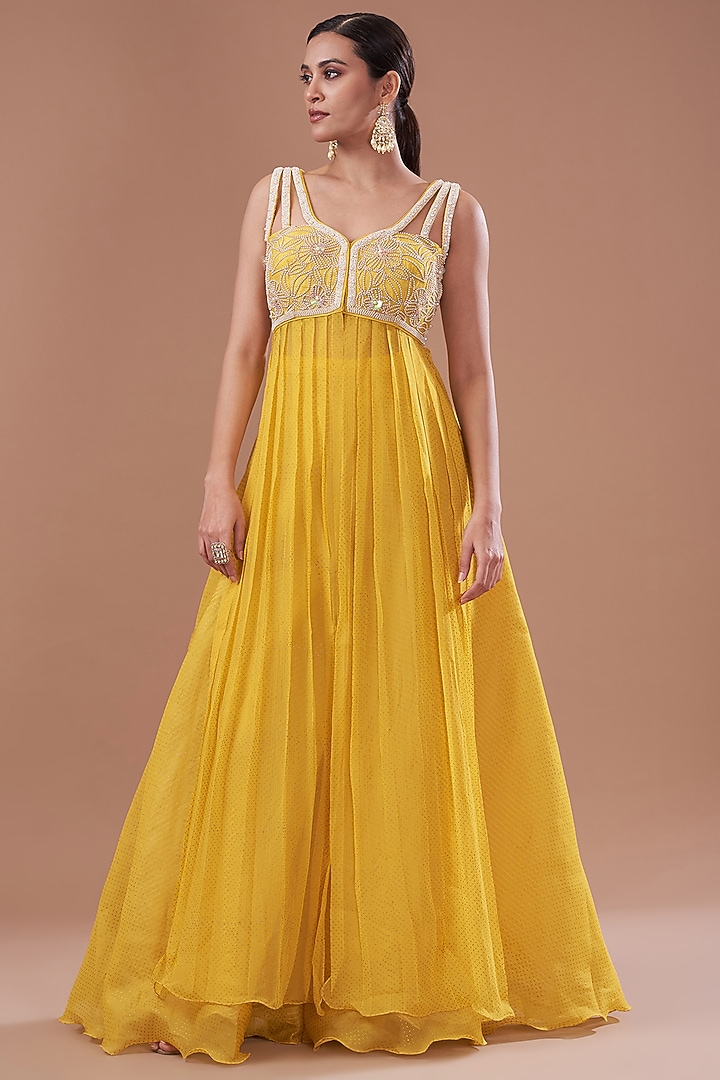 Yellow Organza & Chiffon Embroidered Wedding Anarkali Set by Yashodhara at Pernia's Pop Up Shop