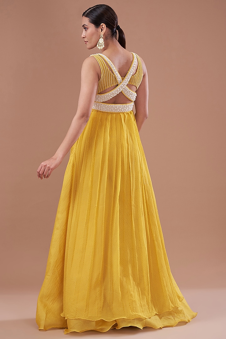 Yellow Organza & Chiffon Embroidered Wedding Anarkali Set by Yashodhara at Pernia's Pop Up Shop