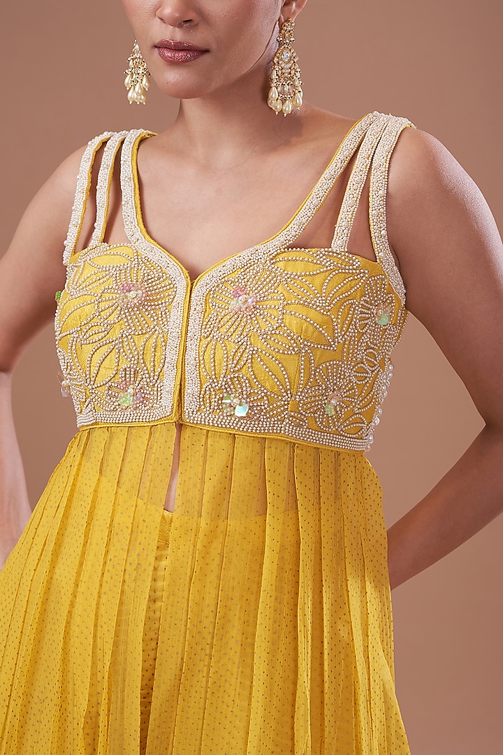 Yellow Organza & Chiffon Embroidered Wedding Anarkali Set by Yashodhara at Pernia's Pop Up Shop