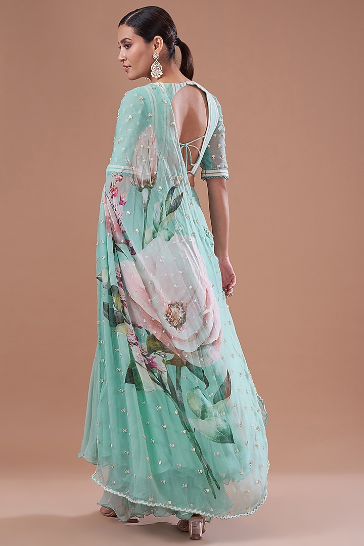 Eco Green Net & Chiffon Printed Pre-Stitched Frilled Wedding Saree Set by Yashodhara at Pernia's Pop Up Shop