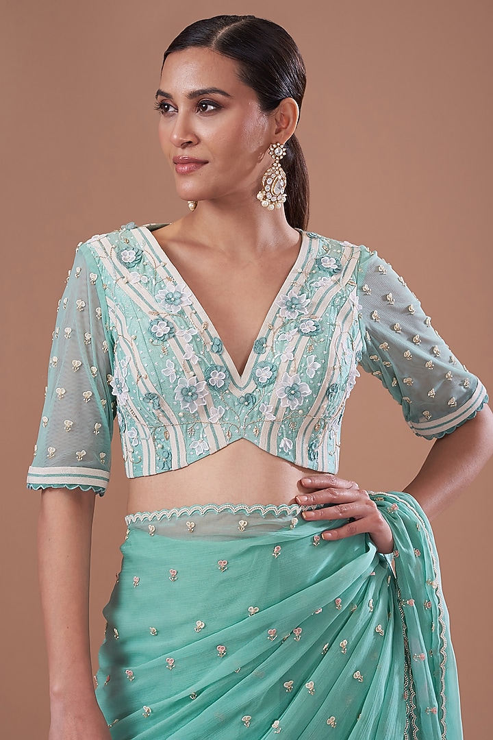 Eco Green Net & Chiffon Printed Pre-Stitched Frilled Wedding Saree Set by Yashodhara at Pernia's Pop Up Shop