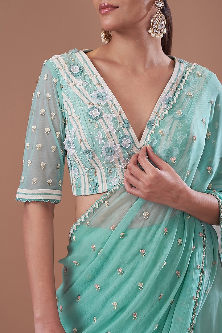Eco Green Net & Chiffon Printed Pre-Stitched Frilled Wedding Saree Set by Yashodhara at Pernia's Pop Up Shop